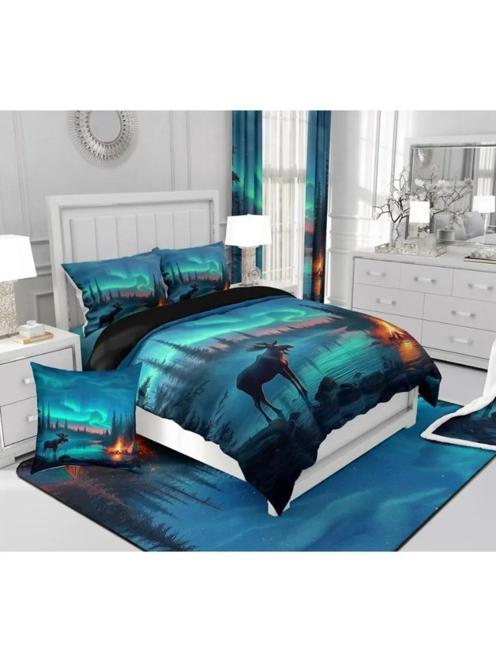 Aurora Moose Bedding Set Queen,Rustic Country Cabin Comforter Set for Kids Adult